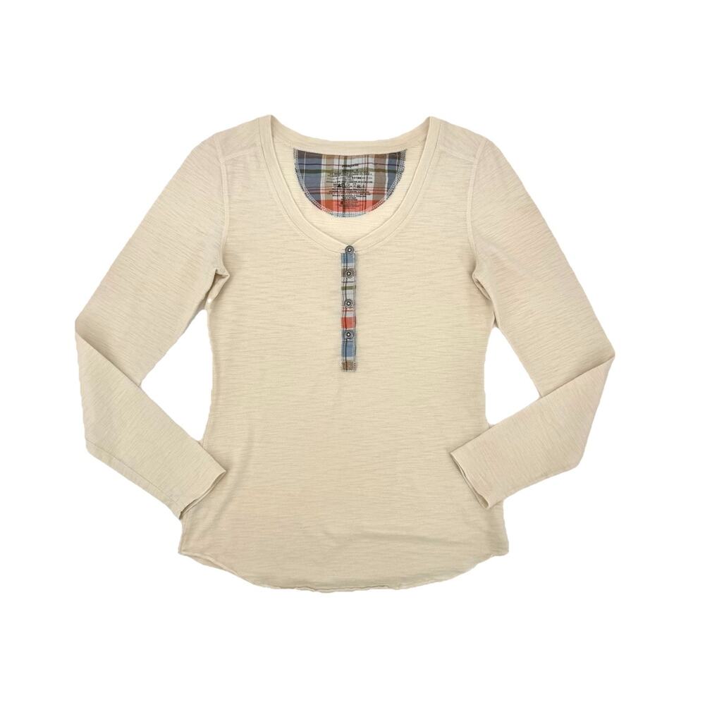 Patagonia FLAWED Small Off White Plaid Trim Organic Cotton Tencel Henley Top